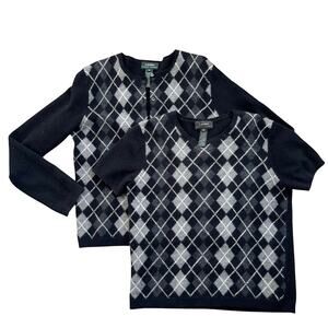 Vtg 1990s Ralph Lauren Lambswool Black Argyle Cardigan and Sweater Set Medium